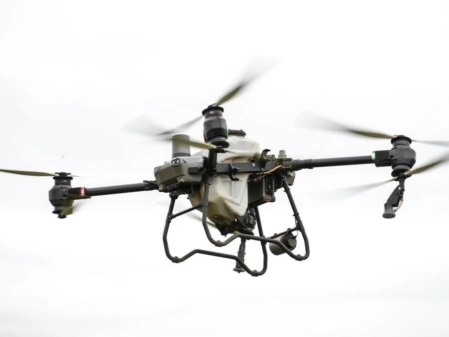 Close-up of a specialised agricultural drone in flight
