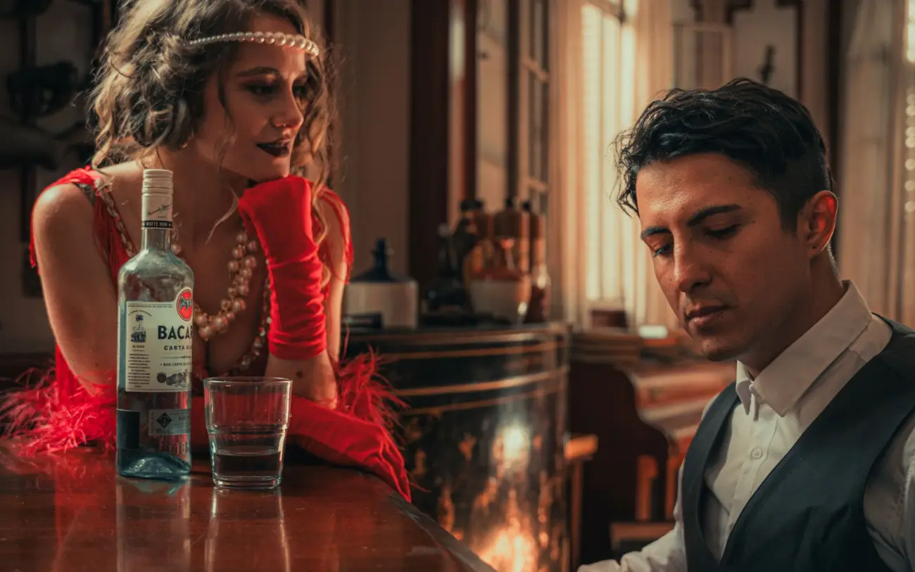 Still from Held Note: a pianist and singer in a period bar