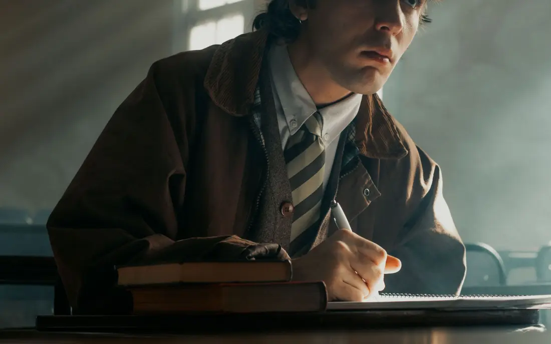 Still from Paper Boats: a student sitting in a sunlit classroom