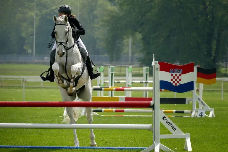 Ines Brackwater riding a grey horse at a hurdle