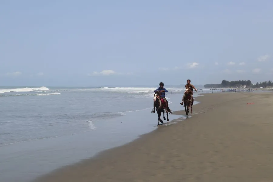 Two riders cantering along an open stretch