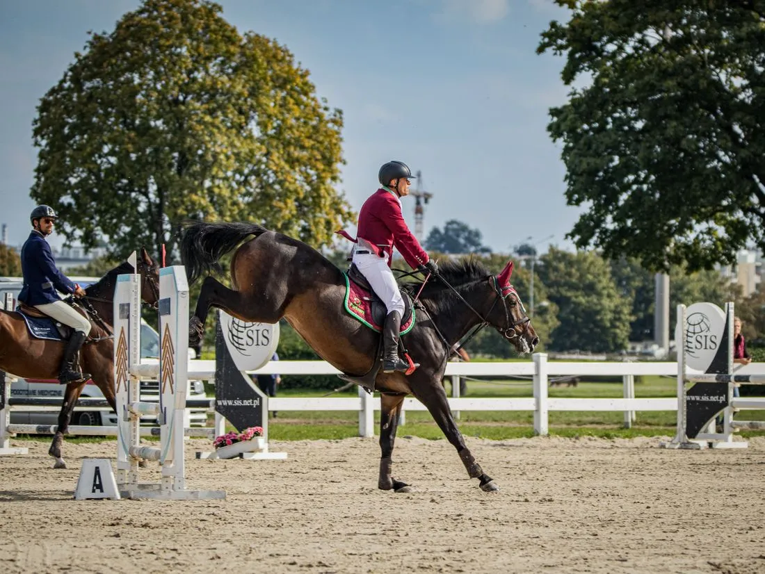 Two horses and riders working in the outdoor arena